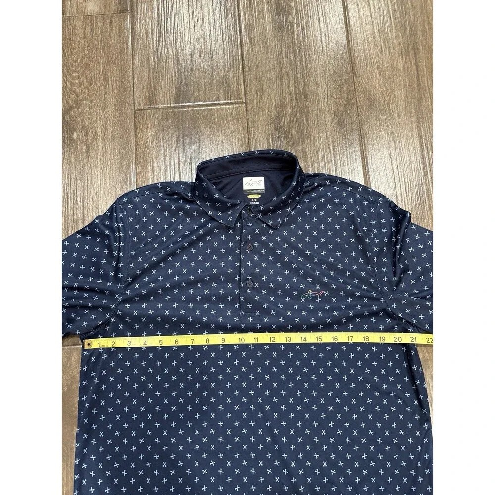 Greg‎ Norman Mens Size L Play Dry Golf Polo With Golf Tee Motif Navy Blue EUC